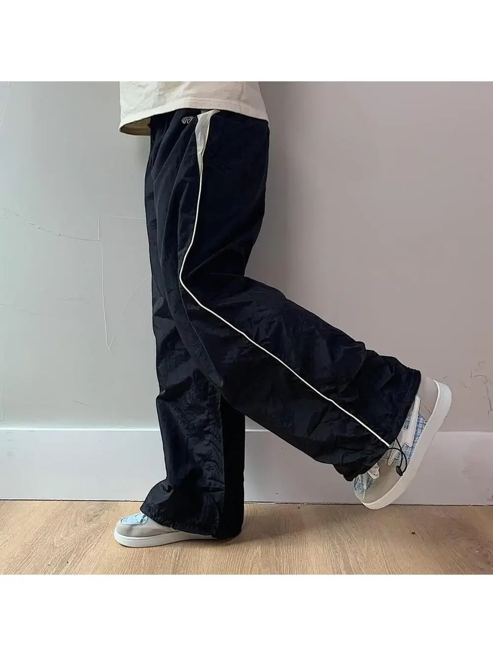 Y2k 2000s baggy loose lightweight striped black and white windbreaker pants